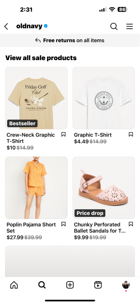 Example from Old Navy featuring shoppable products on social media.